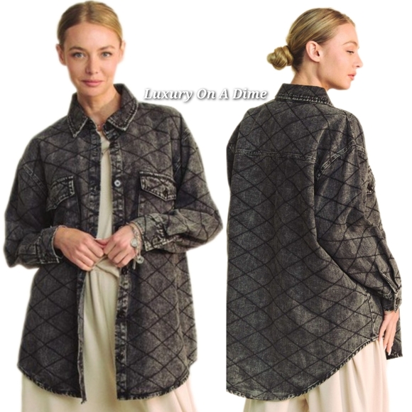 DAVI & DANI Jackets & Blazers - DAVI & DANI Denim Shacket Diamond Quilted High Low Oversized Jean Shirt Jacket